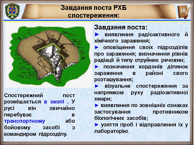 Завдання поста:  ► виявлення радіоактивного й хімічного зараження;  ► оповіщення своїх підрозділів